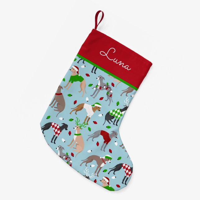 Weihnachts-Greyhound-Hund Kleiner Weihnachtsstrumpf (Vorderansicht (hängend))