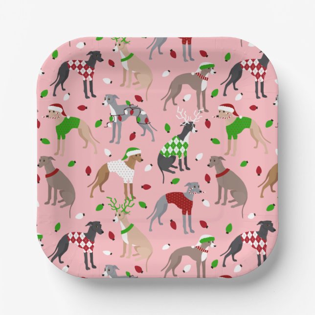 Weihnachts-Greyhound-Hund Pappteller (Vorderseite)