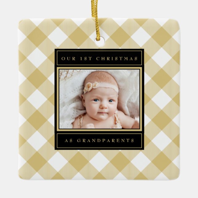 Weihnachts-Großeltern Weißes Gold Kariertes Foto Keramikornament (Vorderseite)