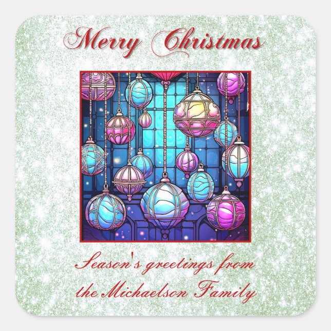 Weihnachts-Grün-Glitzer gestanzt Glass Bauble Quadratischer Aufkleber (Vorderseite)
