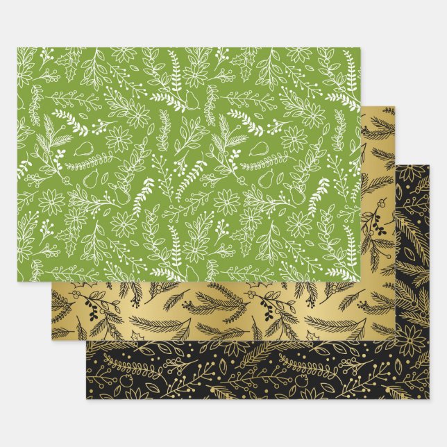 Weihnachts-Grün-Gold-Schwarz-Winter botanisch Geschenkpapier Set (Set)