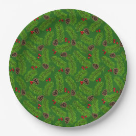 Weihnachts-Grüne Pine-Blätter, Cones & Red Berries Pappteller