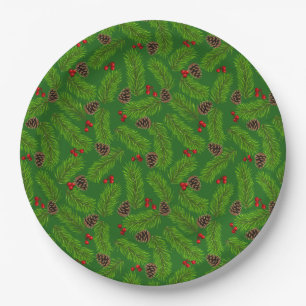 Weihnachts-Grüne Pine-Blätter, Cones & Red Berries Pappteller