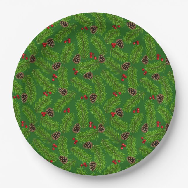 Weihnachts-Grüne Pine-Blätter, Cones & Red Berries Pappteller (Vorderseite)