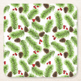 Weihnachts-Grüne Pine-Blätter, Cones & Red Berries Rechteckiger Pappuntersetzer