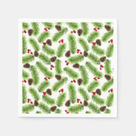 Weihnachts-Grüne Pine-Blätter, Cones & Red Berries Serviette