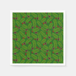 Weihnachts-Grüne Pine-Blätter, Cones & Red Berries Serviette