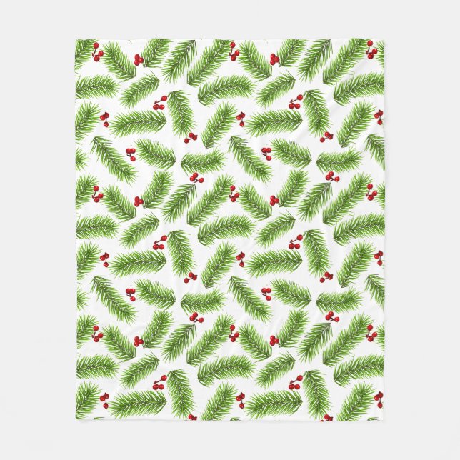 Weihnachts-Grüne Pine-Blätter & Rote Berries auf W Fleecedecke (Vorderseite)