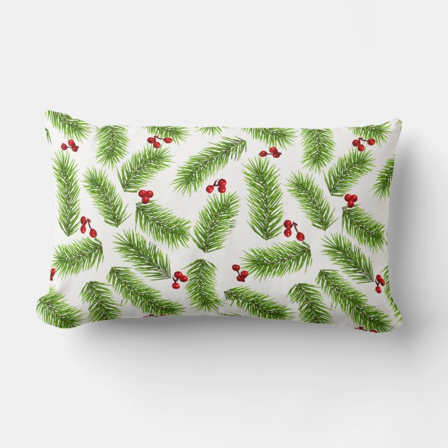 Weihnachts-Grüne Pine-Blätter & Rote Berries auf W Lendenkissen (Vorderseite)