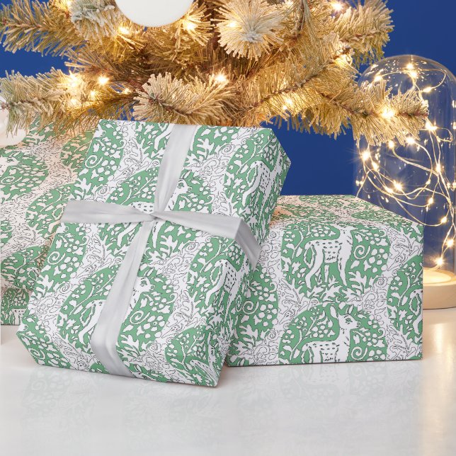 Weihnachts-Grüne Rentier-Muster Woodland Winter Geschenkpapier (Feiertage)