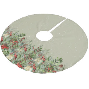 Weihnachts Grüne Wasserfarbe Rosa Poinsettia Drop Polyester Weihnachtsbaumdecke