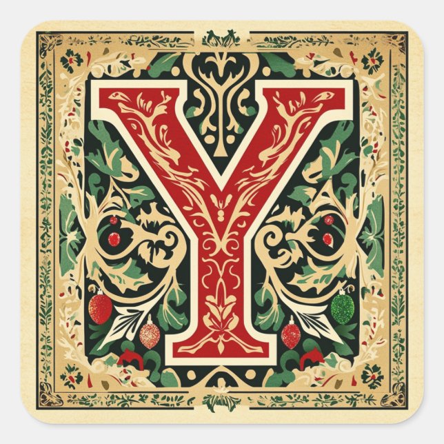 Weihnachts Grüner Brief Y mit Rot und Gold Quadratischer Aufkleber (Vorderseite)