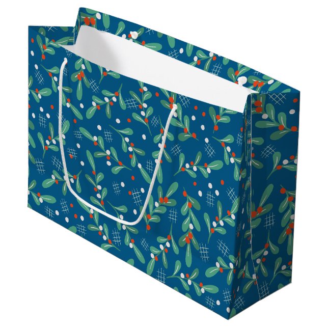 Weihnachts-Grüntöne mit Holly Berries Blue White Große Geschenktüte (Vorderseite Schrägansicht)