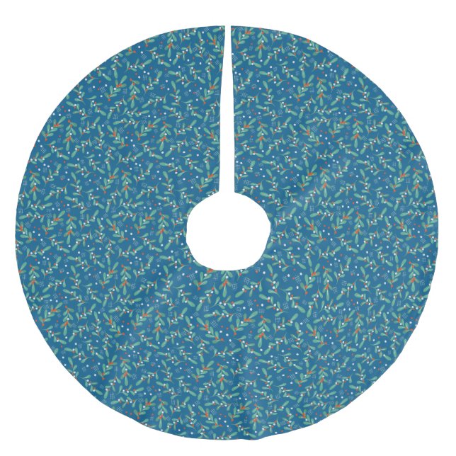 Weihnachts-Grüntöne mit Holly Berries Blue White Polyester Weihnachtsbaumdecke (Vorderseite)