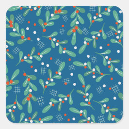 Weihnachts-Grüntöne mit Holly Berries Blue White Quadratischer Aufkleber