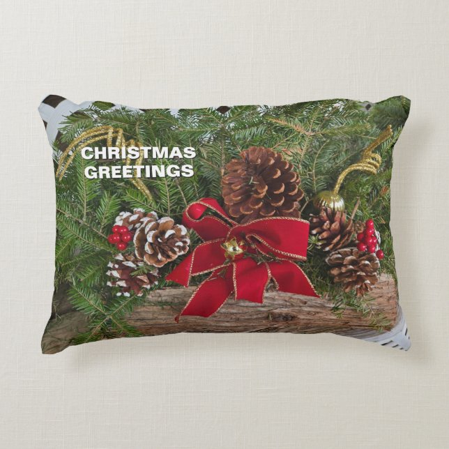 Weihnachts Grüße Evergreen Boughs Red Bows Dekokissen (Vorderseite)