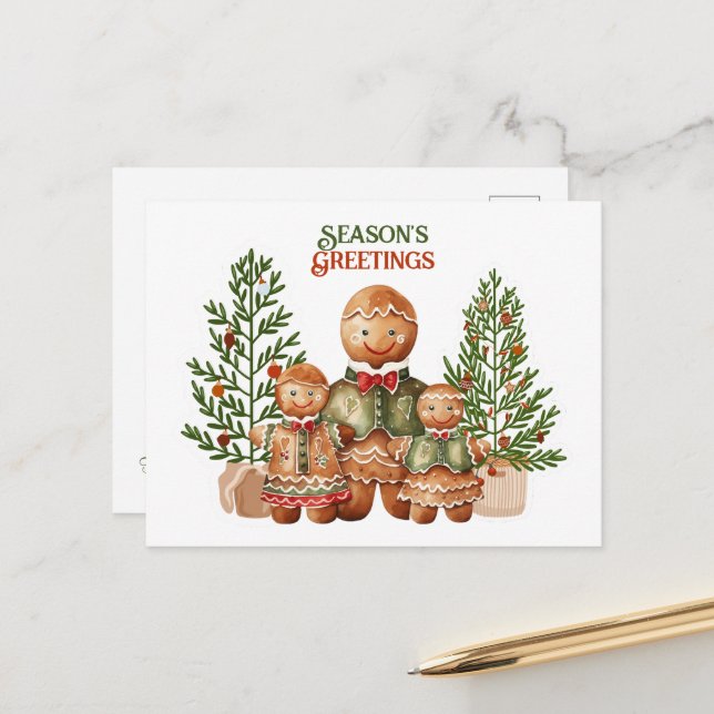 Weihnachts-Grüße-Lebkuchenfamilie Postkarte (Vorderseite/Rückseite Beispiel)
