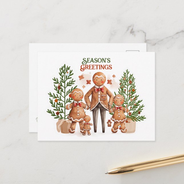 Weihnachts-Grüße-Lebkuchenfamilie Postkarte (Vorderseite/Rückseite Beispiel)