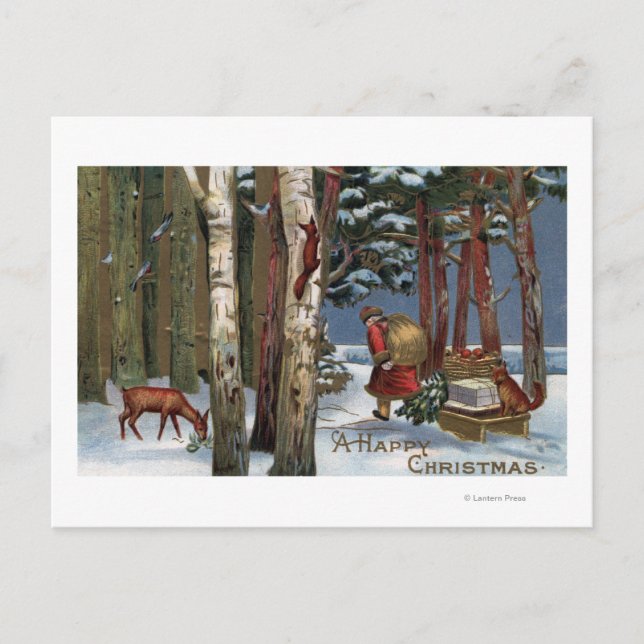 Weihnachts-GrußWeihnachten durch Wald Feiertagspostkarte (Vorderseite)