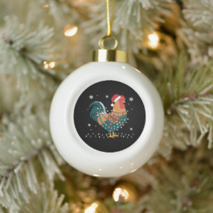 Weihnachts-Hahn-Santa-Hut-Lichter-Schneeflocke-Wei Keramik Kugel-Ornament