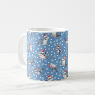 Weihnachts-Haie & Schneeflocken auf Blau Kaffeetasse