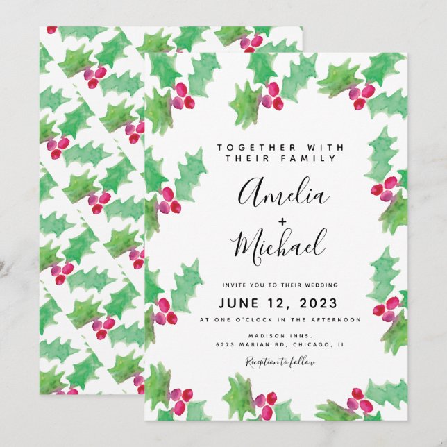 Weihnachts Hand Watercolor Holly Berry Wedding Einladung (Vorne/Hinten)