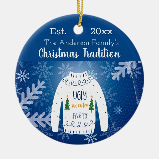 Weihnachts hässlich Pullover blauen Monogramm Keramik Ornament (Vorne)