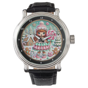 Weihnachts-Haus aus Zuckerstangen und Mädchen Armbanduhr