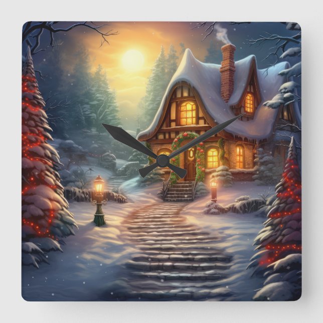Weihnachts-Haus-Uhr Quadratische Wanduhr (Vorderseite)