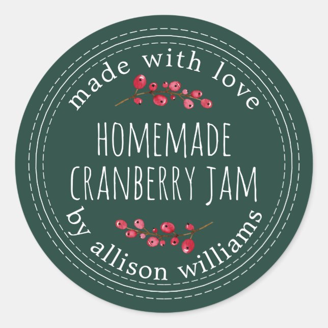 Weihnachts hausgemachte Cranberry Jam Dark Green Runder Aufkleber (Vorderseite)