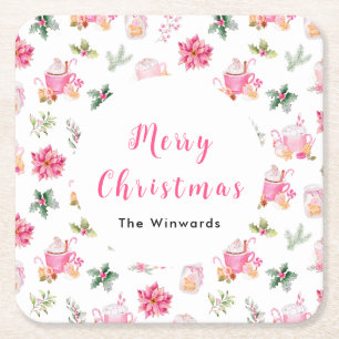Weihnachts-Heiße Schokolade und rosa Weihnachtsste Rechteckiger Pappuntersetzer