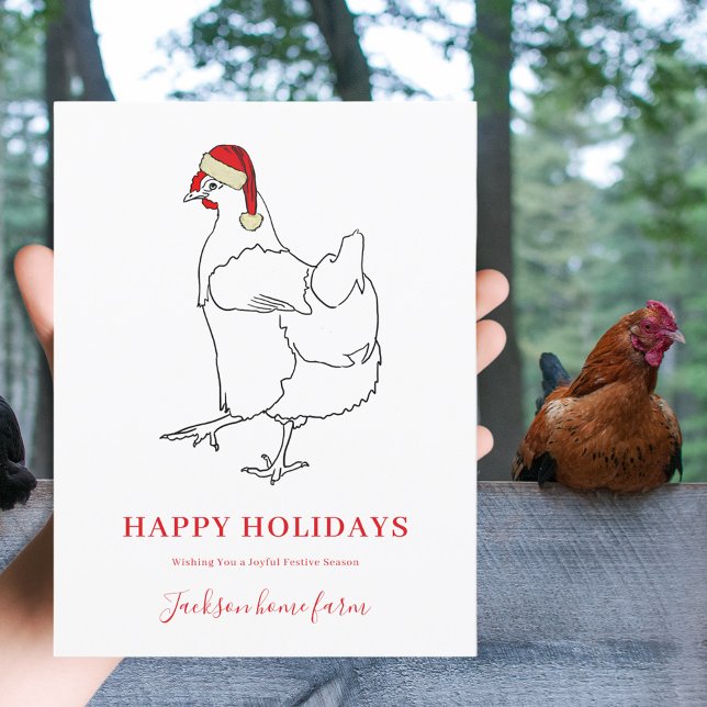 Weihnachts-Henne-Betriebsbudget Feiertagspostkarte (Christmas hen wearing Santa hat simple line art drawing custom farm business holiday greetings card)