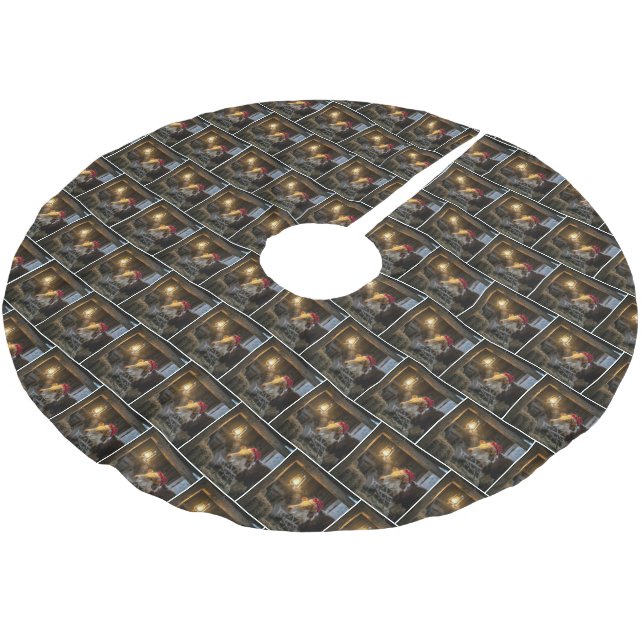 Weihnachts-Hereford-Kuh in einer Scheune Polyester Weihnachtsbaumdecke (Schrägansicht)