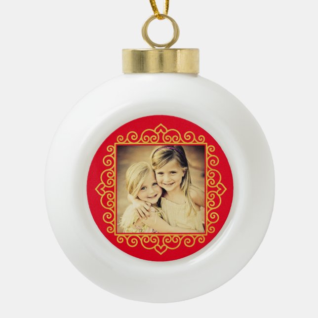 Weihnachts-Herz-Rahmen-Foto Personalisiertes Gesch Keramik Kugel-Ornament (Vorderseite)