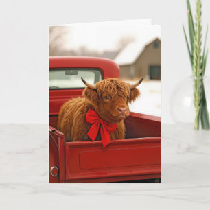 Weihnachts Highland-Kuh im alten roten Pick-up-Tru Karte