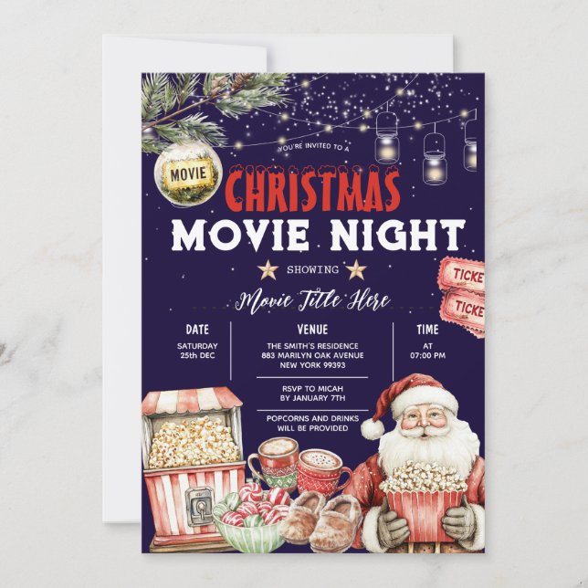 Weihnachts-Hinterhof Filmabend Popcorn Santa Party Einladung (Vorderseite)
