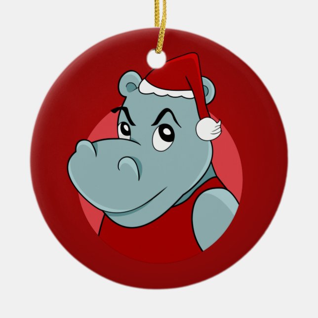 Weihnachts-Hippo-Cartoon Keramik Keramik Ornament (Vorne)