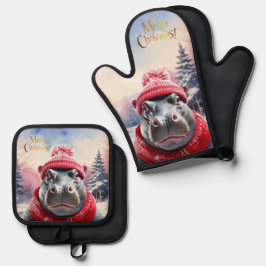 Weihnachts Hippo Weihnachtsmannmütze und Schal Ofenhandschuh & Topflappen-Set