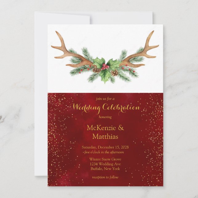 Weihnachts-Hirsch-Antler-Burgund-Gold-Hochzeit Einladung (Vorderseite)
