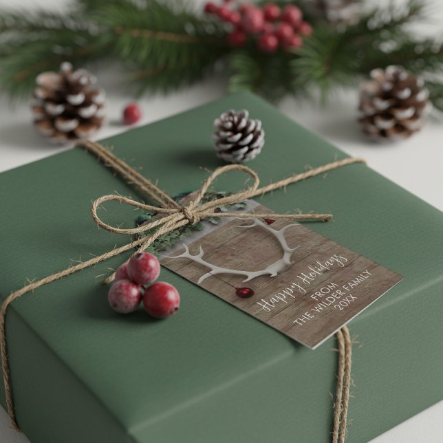 Weihnachts-Hirsch-Antler Rustikale Weihnachtsgesch Geschenkanhänger (A festive gift tag featuring deer antlers. Add your family name)