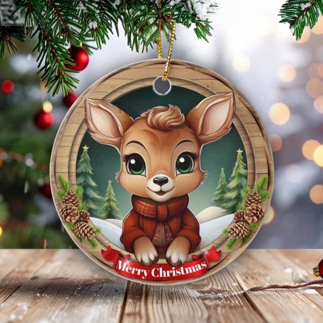 Weihnachts Hirsch Festliches Ferien Holz Rustikale Keramik Ornament (Personalizable Xmas doe, festive holiday wooden rustic pine, pinecone winter Ceramic Ornament! 🦌🎄)