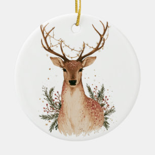 Weihnachts-Hirsch mit Lichterkette und Grünzeug Keramik Ornament