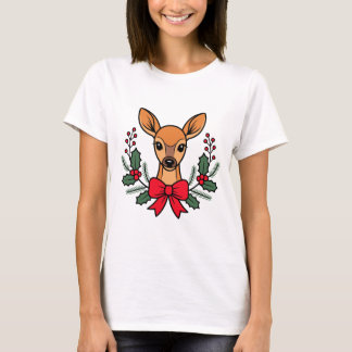Weihnachts Hirsch mit roter Schleife Stechpalmenkr T-Shirt