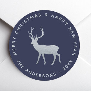 Weihnachts Hirsch Navy Blau Faux Silber Elegant Runder Aufkleber