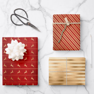 Weihnachts-Hirsch-Streifen-Muster Rot Gold Geschenkpapier Set