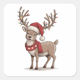 Weihnachts-Hirsch-Tier Weihnachtsmann-Hut Xmas Quadratischer Aufkleber