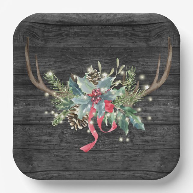 Weihnachts-Hirschantler mit Lichtern Pappteller (Vorderseite)