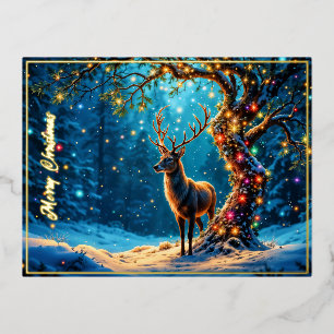 Weihnachts-Hirsche Schnee bunt Glitter Glanz Folie Einladungspostkarte