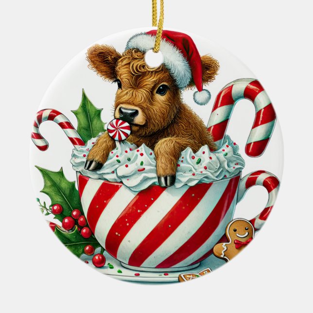 Weihnachts-Hochland-Kuh-Ornament Keramik Ornament (Vorne)