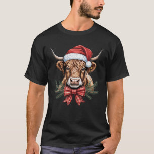 Weihnachts-Hochlandkuh-Santa-Hut-Kariert-Bogen-Kra T-Shirt
